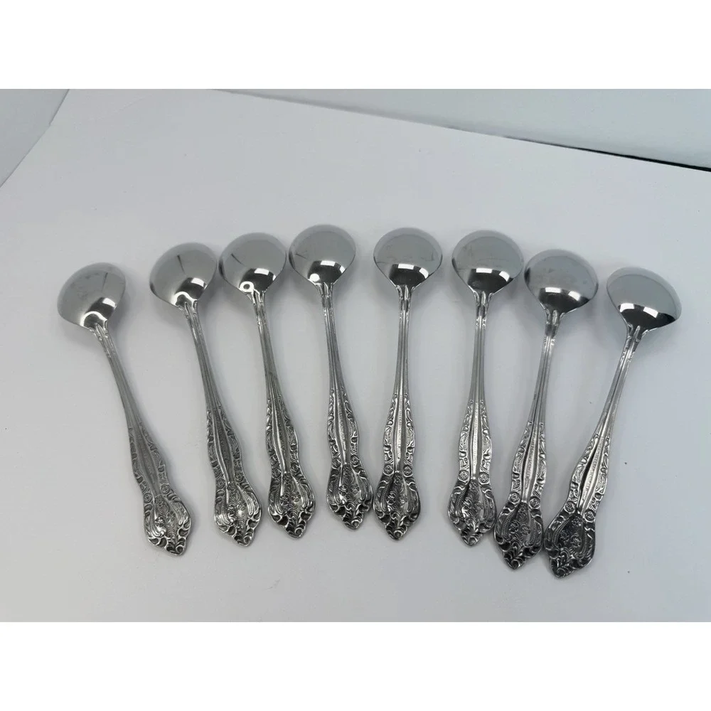Stanley Roberts DYNASTY Stainless 5 Petal Flower - Set of 8 Soup Spoons Japan
